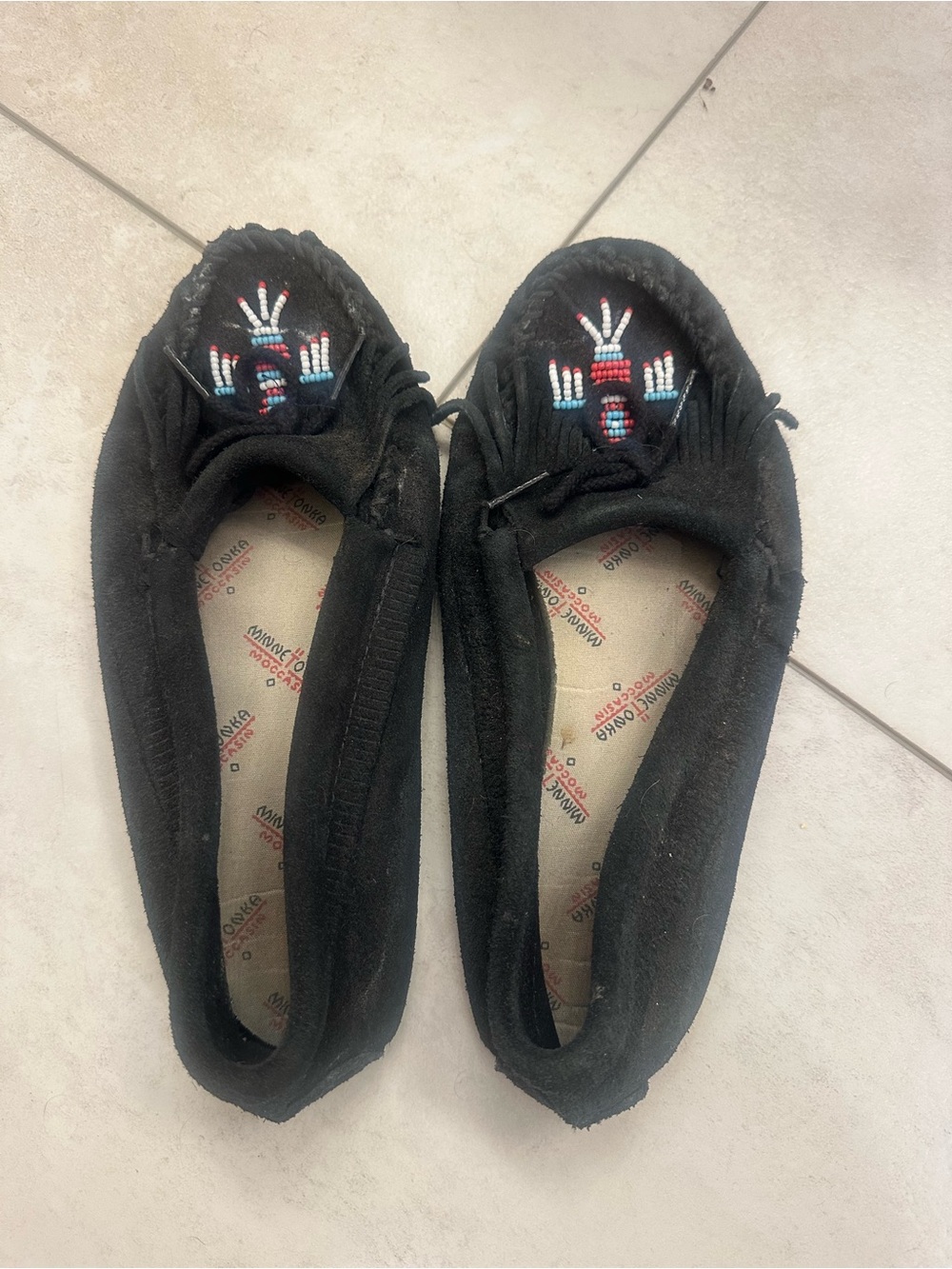 Minnetonka Black Beaded Suede Moccasins - Women's